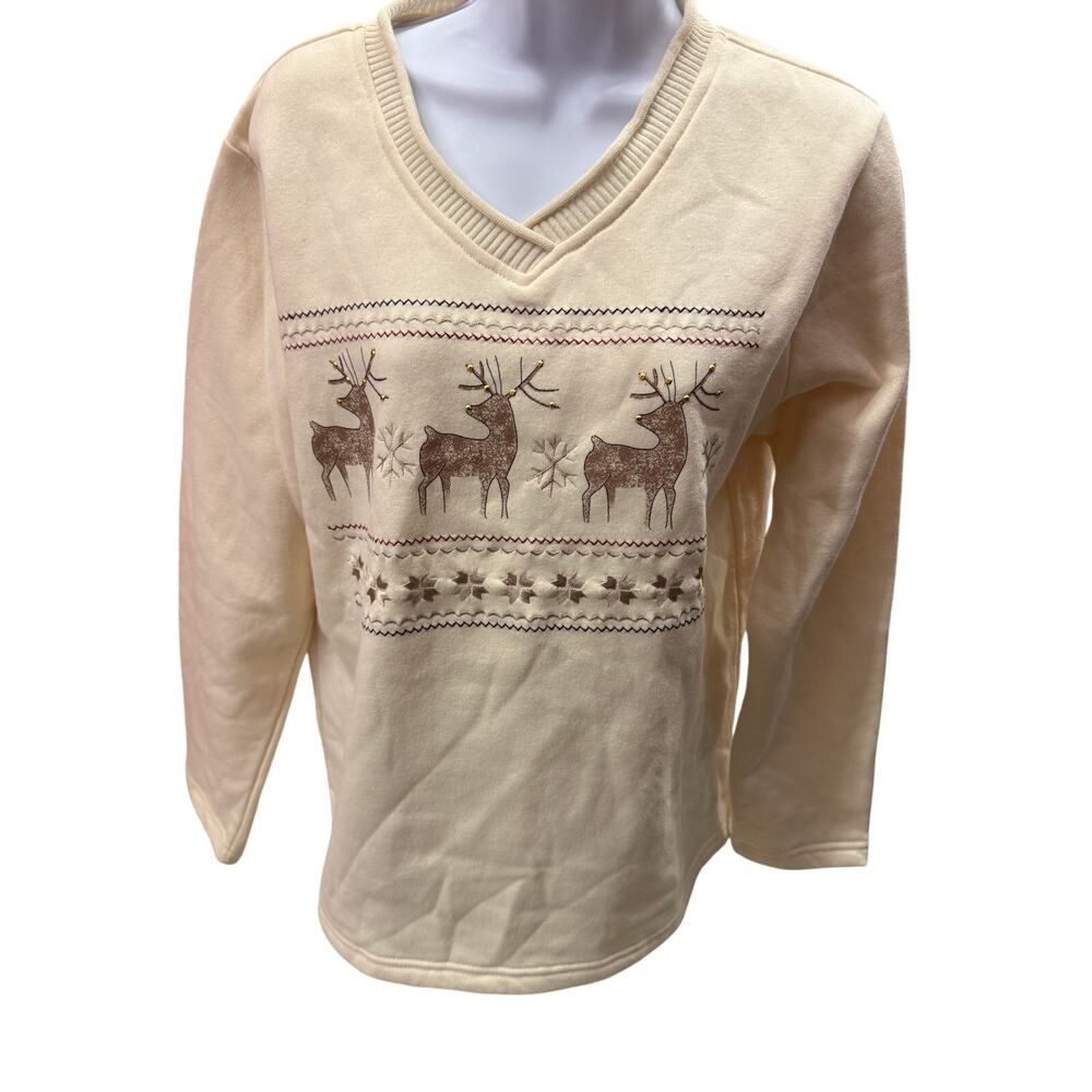 Vtg North Crest Women M Elk Xmas Print beige V-neck Long Sleeve Pullover Tops